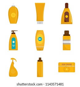 Sunscreen Bottle Icons Set. Flat Illustration Of 9 Sunscreen Bottle Vector Icons Isolated On White