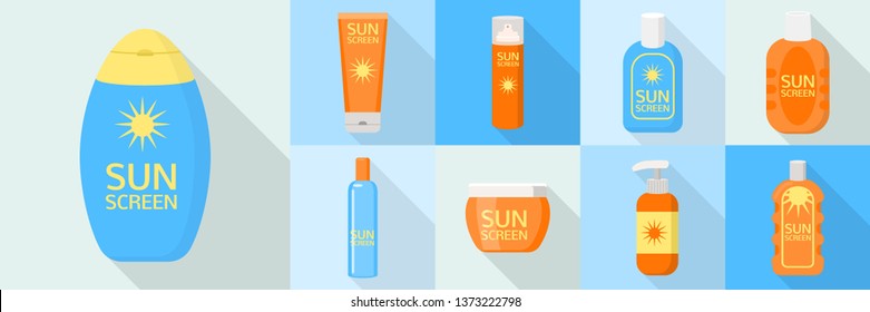 Sunscreen bottle icons set. Flat set of sunscreen bottle vector icons for web design