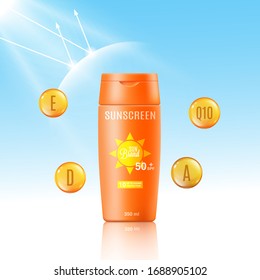 Sunscreen bottle mockup ad - cosmetic sun protection product packaging template with gold vitamin bubbles and realistic orange lotion container. Vector illustration.