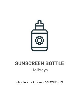 Icono vectorial de contorno del frasco de pantalla solar. Icono de botella de pantalla negra fina, vector plano ilustración de elemento simple de vacaciones editables concepto de trazo aislado en fondo blanco
