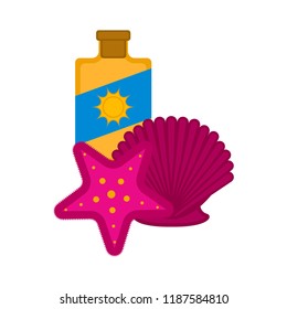 Sunscreen bottle with a seashell and a sea star
