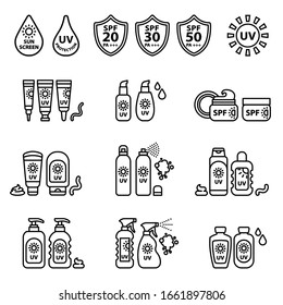 Sunscreen bottle set. vector illustration of plastic container, cream packaging for sun screen lotion, skin cancer protection, spray spf icon. Thin Line Style stock vecto