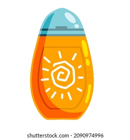 Sunscreen in bottle. Sun cream. Cosmetics for tanning. Protection from the sun. Flat cartoon illustration