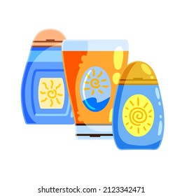 Sunscreen in bottle. Sun cream. Cosmetics for tanning. Protection from the sun. Flat cartoon illustration