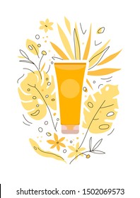 Sunscreen bottle and tropical leaves isolated on white background. Vector design concept with cream for skin protection. Clip art in flat style can be used for vacation poster, ad, sale promotion