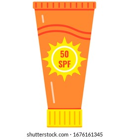 Sunscreen bottle vector icon isolated on white background. Flat design cartoon style orange tube of sunscreen lotion with sun sign and 50 sun protection factor SPF text. Sun cream with uv protection.