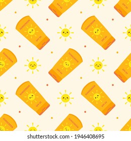 Sunscreen bottles, cute cartoon style sun characters and dots vector seamless pattern background. Sun protection in summertime concept.
