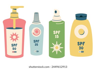 Botellas de protección solar aisladas sobre fondo blanco. Conjunto de varias lociones de protección solar, cremas, spray en envases de plástico. Artículos de playa para el verano relajante. Elementos de verano para un bronceado saludable y seguro. Vector