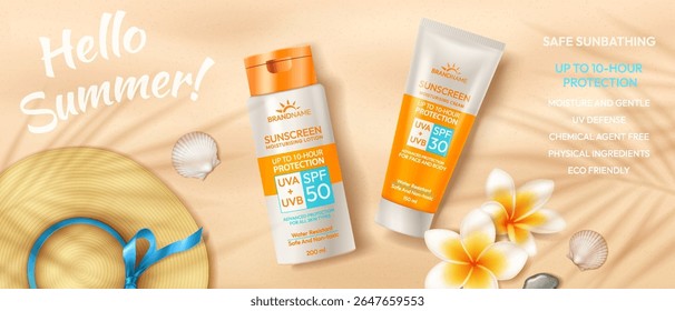 Sunscreen bottles on sandy beach background. Bright colors, promoting sun protection and skincare. Includes frangipani flowers and seashells for a summer vibe.