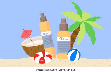 Sunscreen bottles resting on sandy beach beside a refreshing coconut cocktail, beach ball, and lifebuoy under palm tree shade