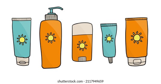 Botellas de pantalla solar configuran la ilustración vectorial de estilo doodle. Esbozo dibujado a mano colorido SPF cosmético verano rutina de cuidado de la piel. Loción de bloqueo solar, crema, tubo aislado en fondo blanco.