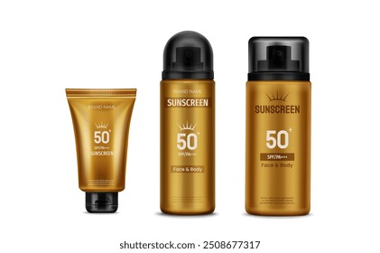 Garrafas de protetor solar conjunto isolado no fundo branco. Vetor ilustração realista de spf 50 sunblock lotion tubo, spray plástico amarelo com tampa preta, cosméticos de praia de verão, produto de cuidados de beleza de pele