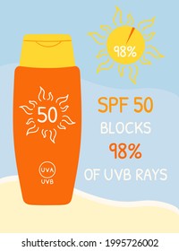 Sunscreen bottles with SPF 50 that blocks UVB rays. Sunscreen protection infographic on beach background. Sun safety summer poster. Hand drawn organic vector illustration.