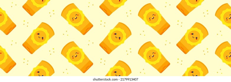 Sunscreen bottles, tubes with cute cartoon sun characters wide horizontal vector seamless pattern background for summer, vacation design.