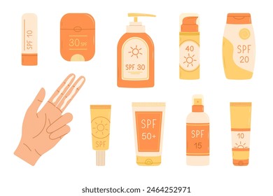 Sunscreen bottles and tubes set. SPF cream, lotion, spray and lip balm. Hand with SPF on two fingers. Flat vector illustration