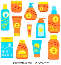 Sunscreen bottles vector icon set isolated on white background. Flat design cartoon style tube of sunscreen, after sun lotion with sun sign, sun protection factor SPF. Sun cream with uv protection.