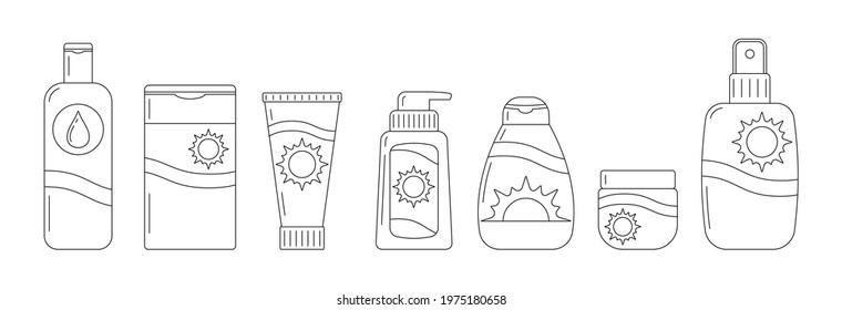 Sunscreen bottles vector line art icon set isolated on white background. Flat design linear tube of sunscreen, after sun lotion with sun sign, sun protection factor SPF. Sun cream with uv protection.