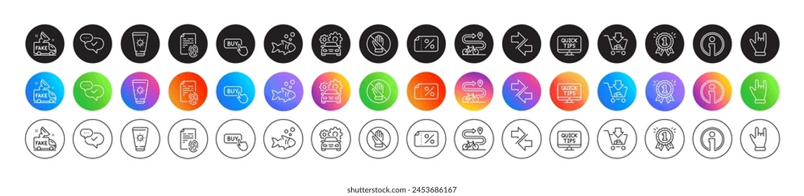 Protector solar, servicio de coches e iconos de línea de pescado. Botones de degradado de iconos redondos. Pack de Huella Dactilar, Comprar Botón, Info icon. Pictograma de Anuncio Sincronizar, Recompensar, Descuento. Vector