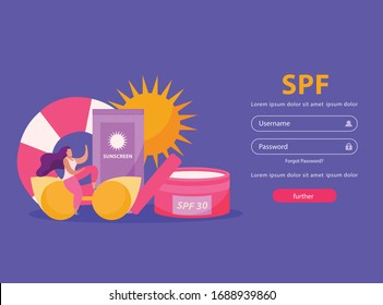 Sunscreen care flat background with images of protective creams and fields for entering username and password vector illustration