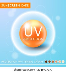 Sunscreen care. Protection UV. Protection Whitening Cream Skin care. Sun Block UV Protection and Whitening vector illustration. Orange 3D sign, icon, symbol for your design