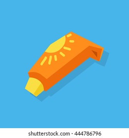 Sunscreen care sun protection. Cosmetics container orange cream icon in flat style isolation on blue background. Vector illustration
