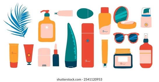 Coleção de protetor solar. Pacotes com creme, tubos e frascos de produtos de segurança Sun com loção SPF, batom, spray. Estética de verão desenhada à mão. Protetores solares, proteção da pele, produtos de cuidados da pele. Vetor