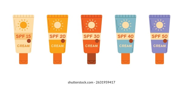 Sunscreen collection showing SPF levels from 15 to 50 in clean cartoon minimalist style. Ideal for infographics, beauty blogs, and educational content about sun protection.