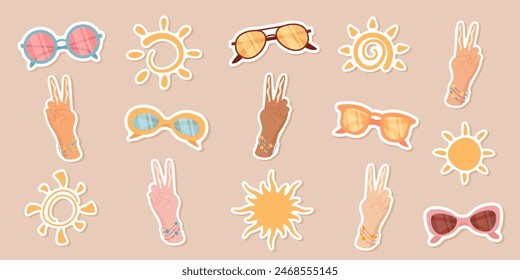 Sunscreen collection with sunglasses hands and sun symbols, isolated uv block sticker set and summer sun glasses, woman hands with two finger rule apply sun protection cream or spf cosmetic product.