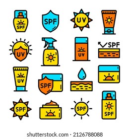 Sunscreen color simple icons set. Collection of vector symbol in trendy flat style on white background. Sun protection sings for design.