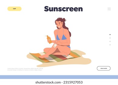 Sunscreen concept for landing page with happy woman character applying cosmetics for UV protection