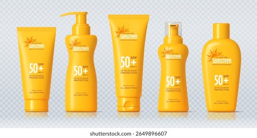 Sunscreen cosmetic bottle mockups, skincare cream protection product in vibrant yellow containers featuring spf 50 plus labeling. Realistic 3d vector bottles with pump and flip caps for all skin types