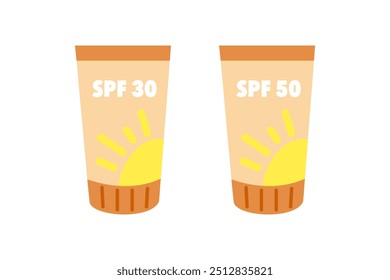 Sunscreen cosmetic bottle product set. SPF 30 and 50 summer sunblock cream lotion. Beauty, skincare, body protection concept. Flat vector design illustration isolated on white background.