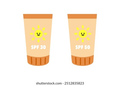 Conjunto de produto de garrafa cosmética protetor solar. SPF 30 e 50 sunblock creme loção de verão. Beleza, cuidados com a pele, conceito de proteção corporal. Ilustração de design de vetor plano isolada em fundo branco.