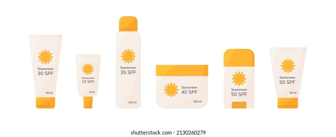 Botellas cosméticas de pantalla solar. Diferentes cosméticos de verano de bloques solares SPF: loción, spray, crema, palo. Protección contra la radiación ultravioleta, productos para el cuidado de la piel solar, concepto de bronceado saludable. Un colorido vector de dibujos animados.