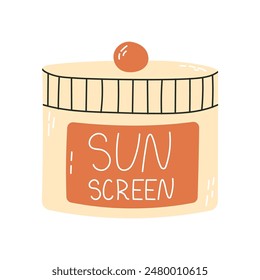 Sunscreen cosmetic lotion, cream, spray. lipstick. Sunblock product collection. Skin care, hydration and sun protection concept. Isolated vector illustration in cartoon style