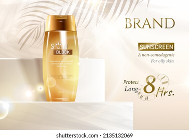 Anuncios de productos cosméticos y de pantalla solar. plantilla de anuncios de crema solar. Derrame cosmético de gradiente de color rosa y tubos de crema blanca con sombra de hojas tropicales de palmera. Estilo 3d realista. Ilustración vectorial.