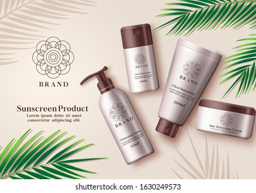 Sunscreen cosmetic product vector banner. Sunscreen mock up bottle element of whitening lotion, ultra sunscreen and sun protection cream for summer skin care advertising products with green leaf.