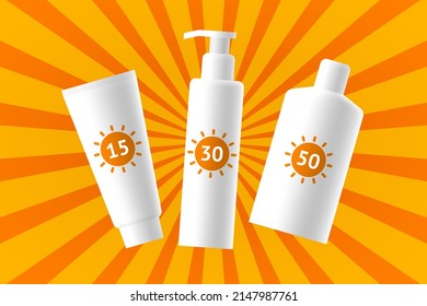 Sunscreen cosmetic products with sun protection factor labels, sunblock set with different SPF, skin sunburn protection, summer skin and body care. Concept of beauty, dermatology and health