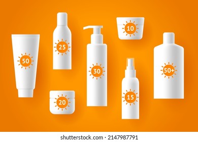 Sunscreen cosmetic products with sun protection factor labels, sunblock set with different SPF, skin sunburn protection, summer skin and body care. Concept of beauty, dermatology and health