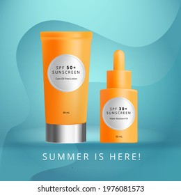 Sunscreen cosmetics. Lotion, oil, spf protection orange color.