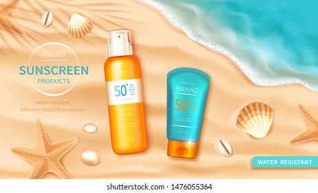 Sunscreen cosmetics on ocean background with sandy beach, shell and starfish, turquoise sea surf or water wave, realistic vector. Cosmetic spray with SPF protection on tropical background