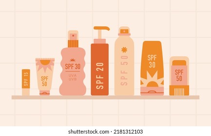 Sunscreen cosmetics one a shelf. Skin care, beauty routine concept. Vector illustration