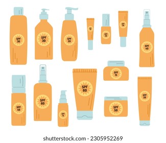 Cosméticos de pantalla solar aislados en fondo blanco. Ilustración vectorial de corte