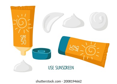 Sunscreen cosmetics. SPF cream blocks the sun's rays. Open and closed containers of sunburn cosmetic and cream swatching. Product for Summer Protection set. Sun safety Cartoon vector illustration