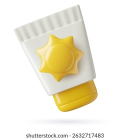 Sunscreen cream 3d icon. Sun protection lotion in white and yellow tube with cute sun minimal vector illustration isolated on white background.