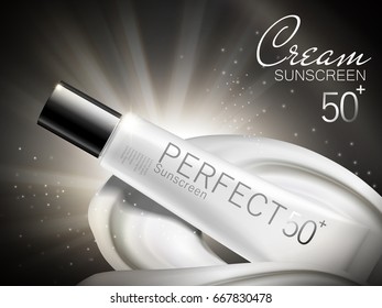sunscreen cream ad with white cream flow and sparkling light effects, black background