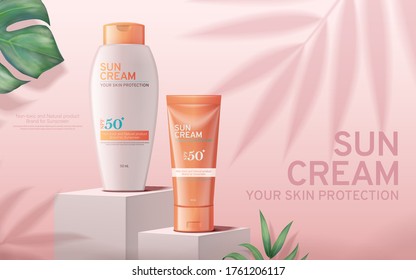 Sunscreen Cream Ads On Square Stage With Tropical Plants Shadows And Pink Background