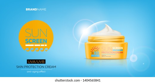 Sunscreen cream advertising banner with realistic 3d jar with gel or cream for skin protection and UVA/UVB rays blocking. Ready for branding and packaging design. High quality vector