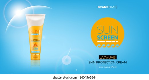 Sunscreen cream advertising banner with realistic 3d tube with gel or cream for skin protection and UVA/UVB rays blocking. Ready for branding and packaging design. High quality vector