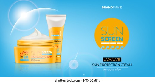 Sunscreen cream advertising banner with realistic 3d tube and jar with gel or cream for skin protection and UVA/UVB rays blocking. Ready for branding and packaging design. High quality vector